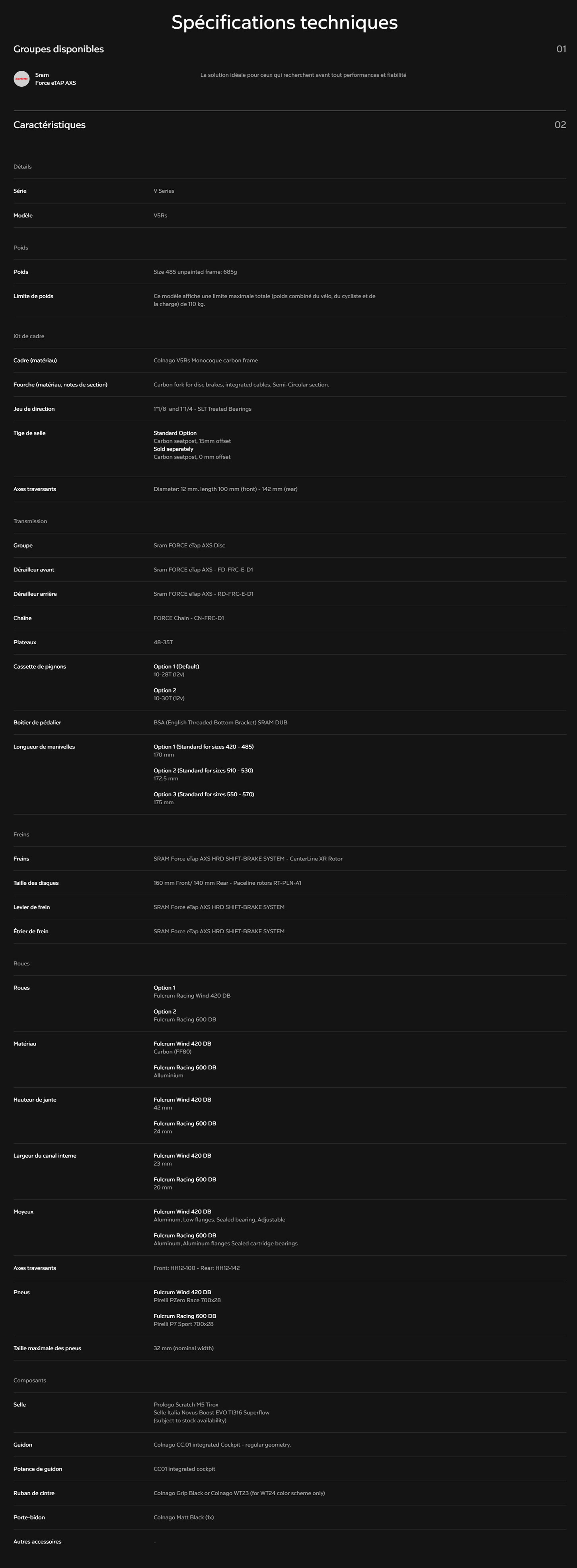 Fiche Technique du vélo V5RS SRAM Force eTap AXS D2 Année 2025